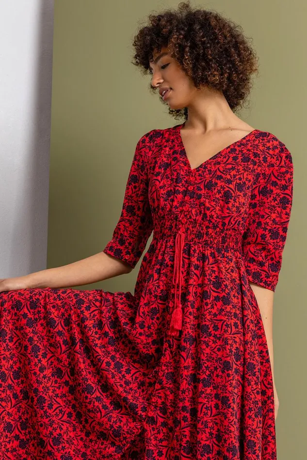 Red Floral Print Shirred Waist Maxi Dress Women Roman Dresses