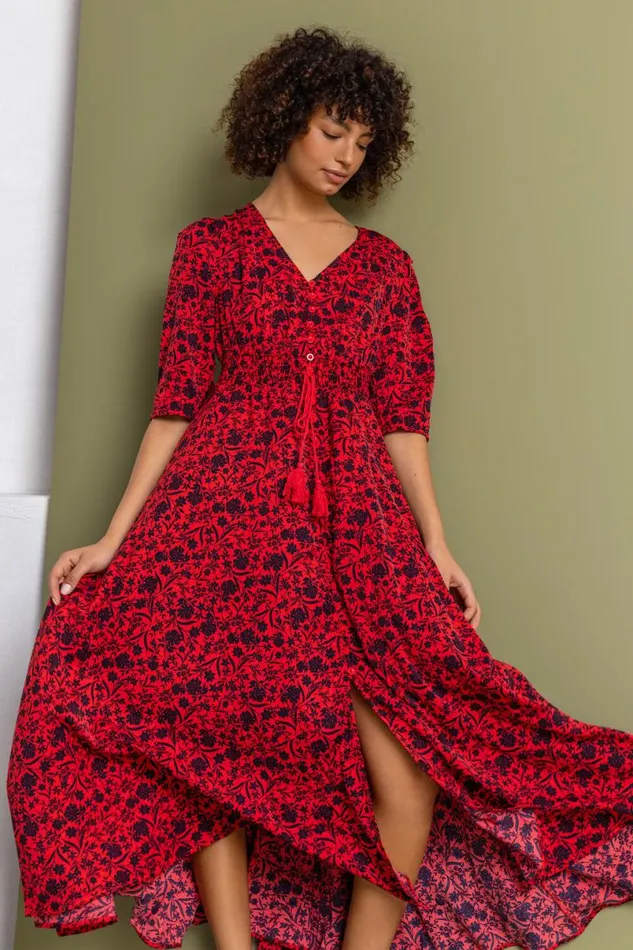 Red Floral Print Shirred Waist Maxi Dress Women Roman Dresses