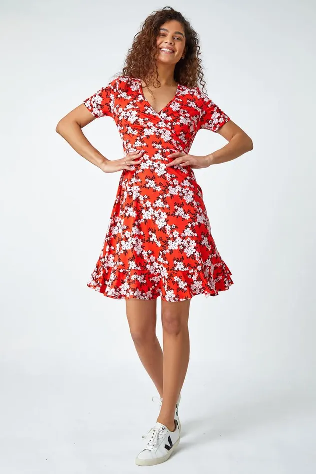 Red Floral Print Wrap Stretch Dress Women Roman Dresses