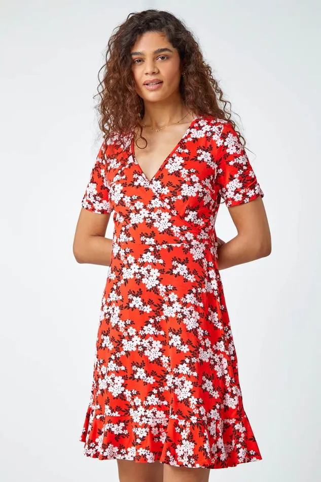 Red Floral Print Wrap Stretch Dress Women Roman Dresses