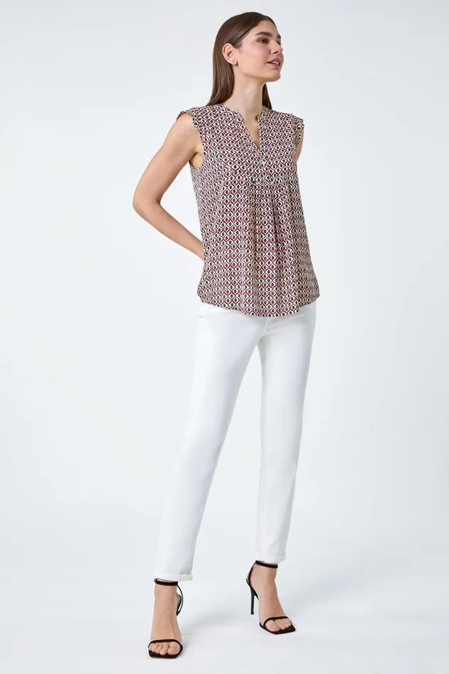 Red Geometric Print Frill Blouse Women Roman Tops