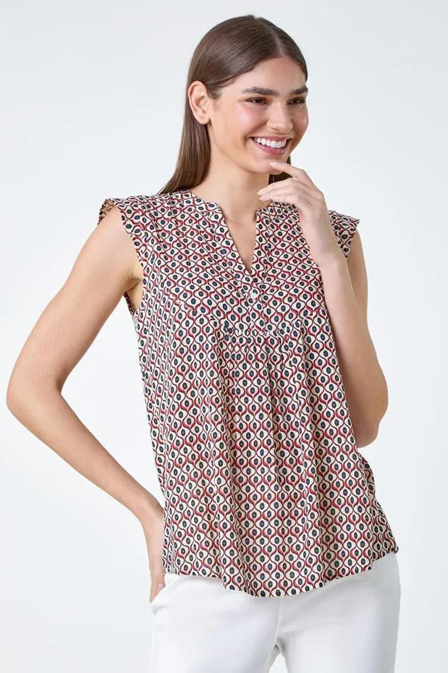 Red Geometric Print Frill Blouse Women Roman Tops