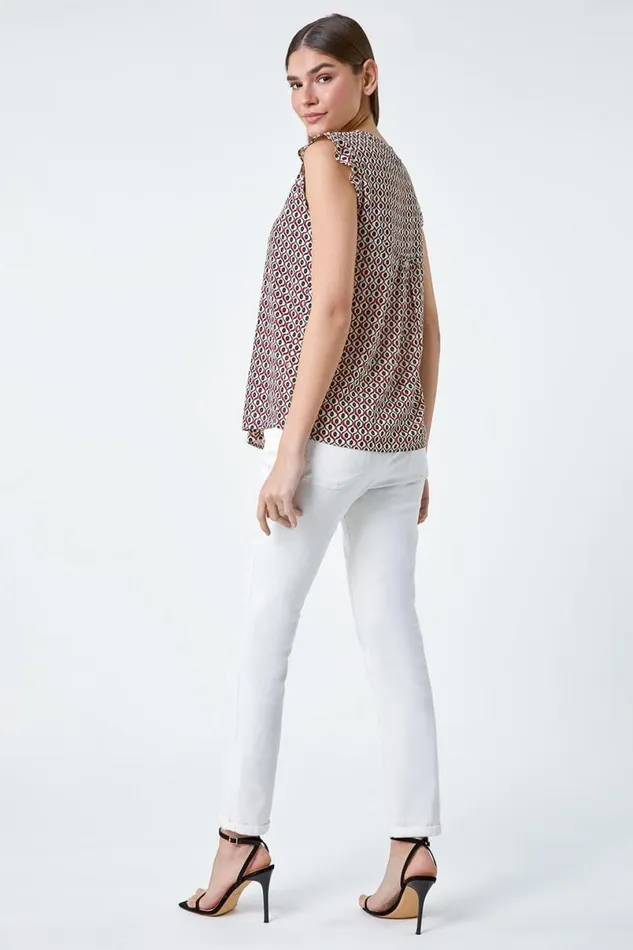Red Geometric Print Frill Blouse Women Roman Tops