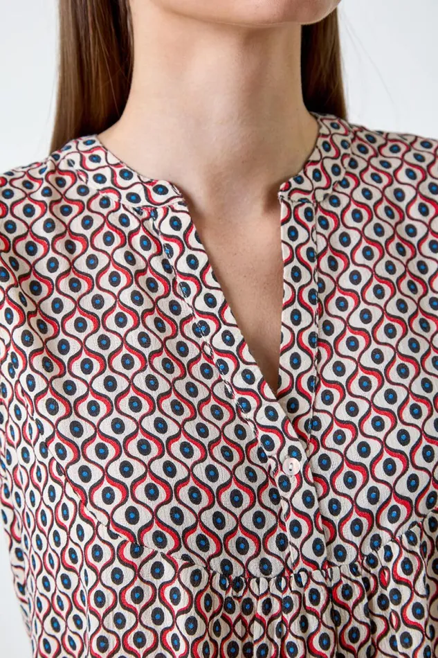 Red Geometric Print Frill Blouse Women Roman Tops