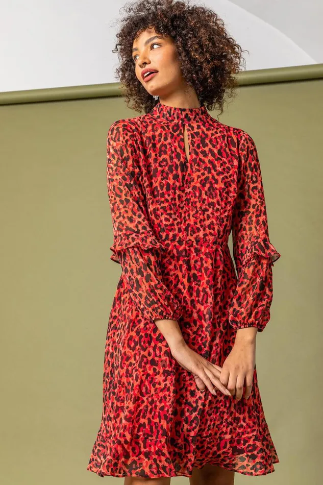 Red Leopard Print Frill Detail Chiffon Dress Women Roman Dresses