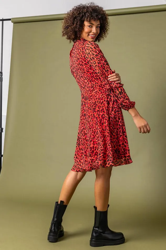 Red Leopard Print Frill Detail Chiffon Dress Women Roman Dresses
