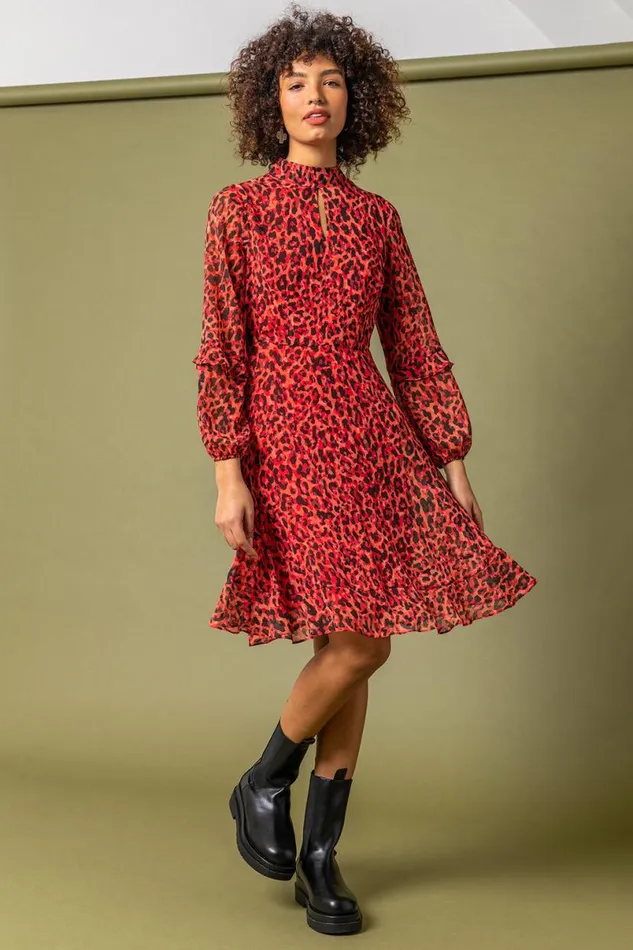 Red Leopard Print Frill Detail Chiffon Dress Women Roman Dresses