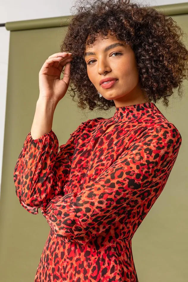 Red Leopard Print Frill Detail Chiffon Dress Women Roman Dresses