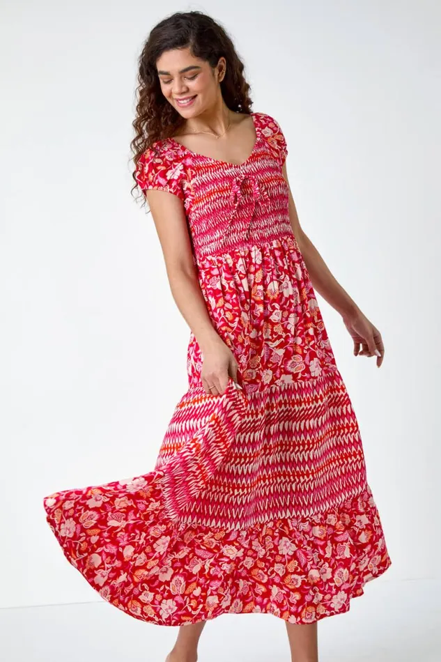 Red Mixed Print Shirred Midi Dress Women Roman Dresses