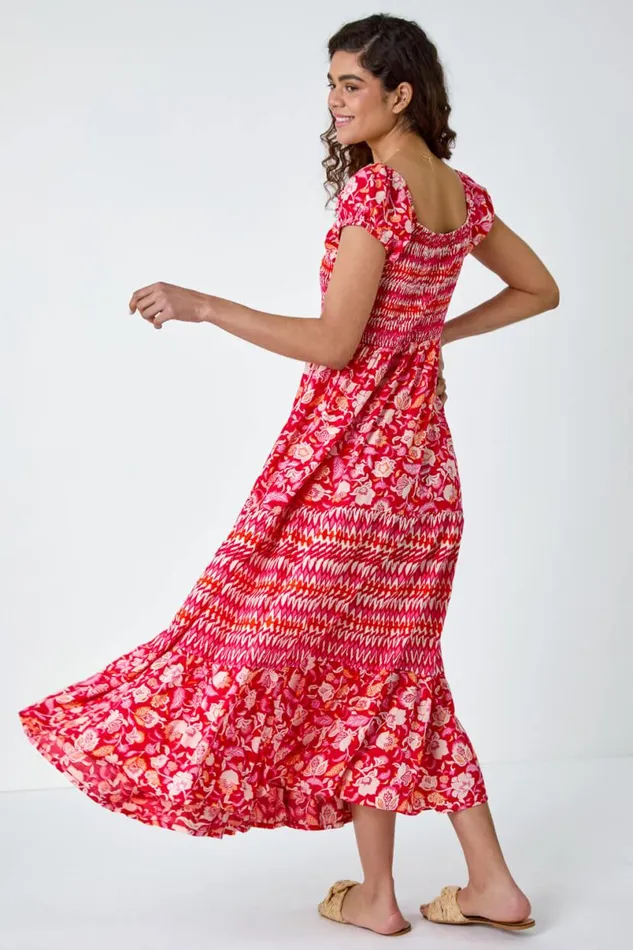 Red Mixed Print Shirred Midi Dress Women Roman Dresses