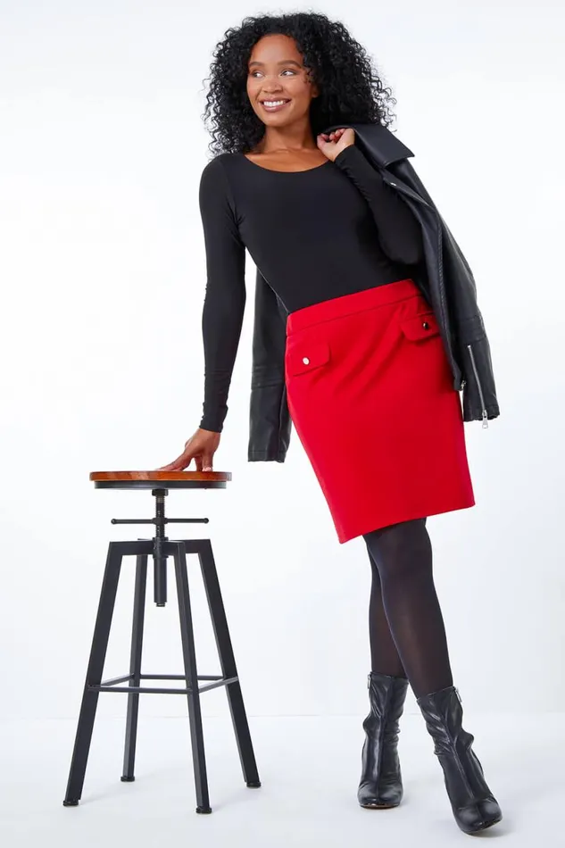 Red Petite Button Detail Pocket Skirt Women Roman Skirts