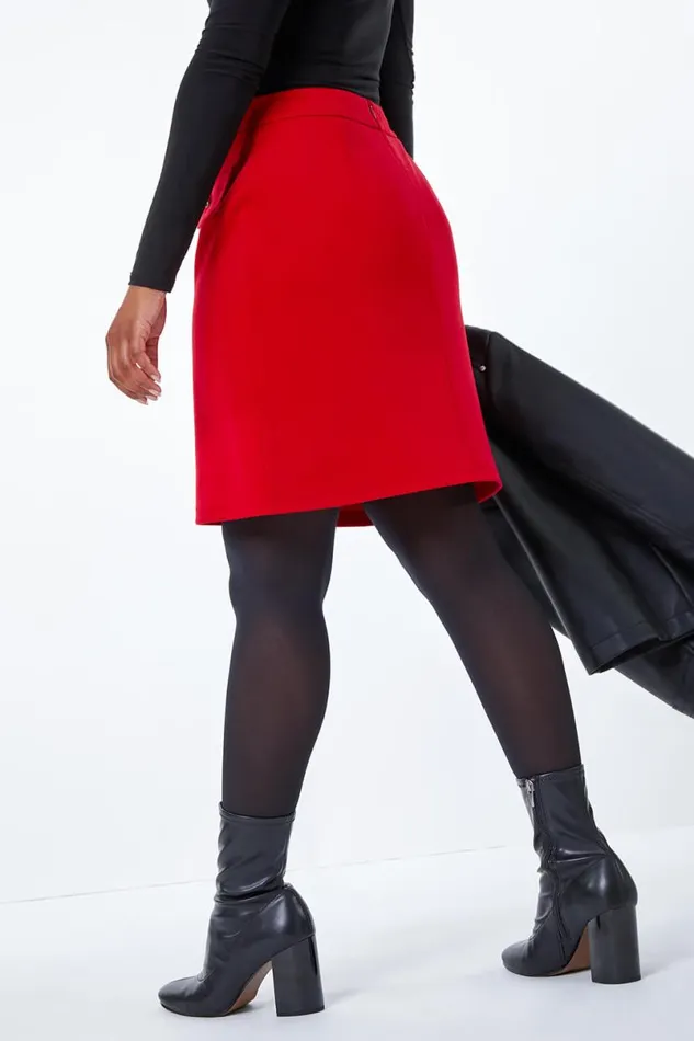 Red Petite Button Detail Pocket Skirt Women Roman Skirts