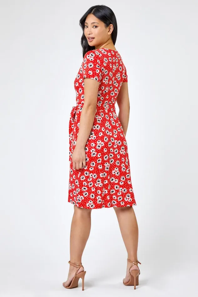 Red Petite Floral Jersey Wrap Dress Women Roman Dresses