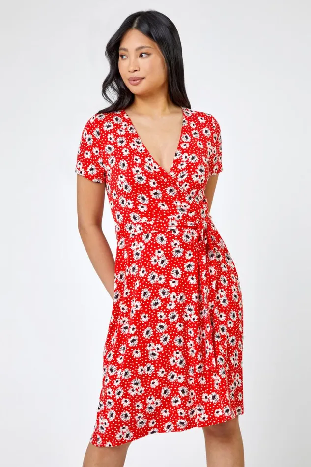 Red Petite Floral Jersey Wrap Dress Women Roman Dresses