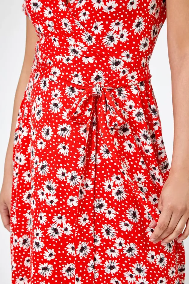 Red Petite Floral Jersey Wrap Dress Women Roman Dresses