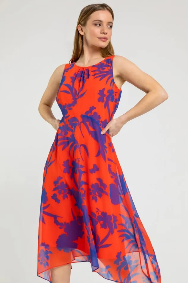 Red Petite Floral Print Chiffon Dress Women Roman Dresses