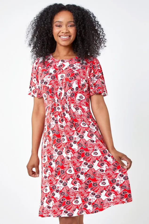 Red Petite Floral Stretch Tea Skater Dress Women Roman Dresses