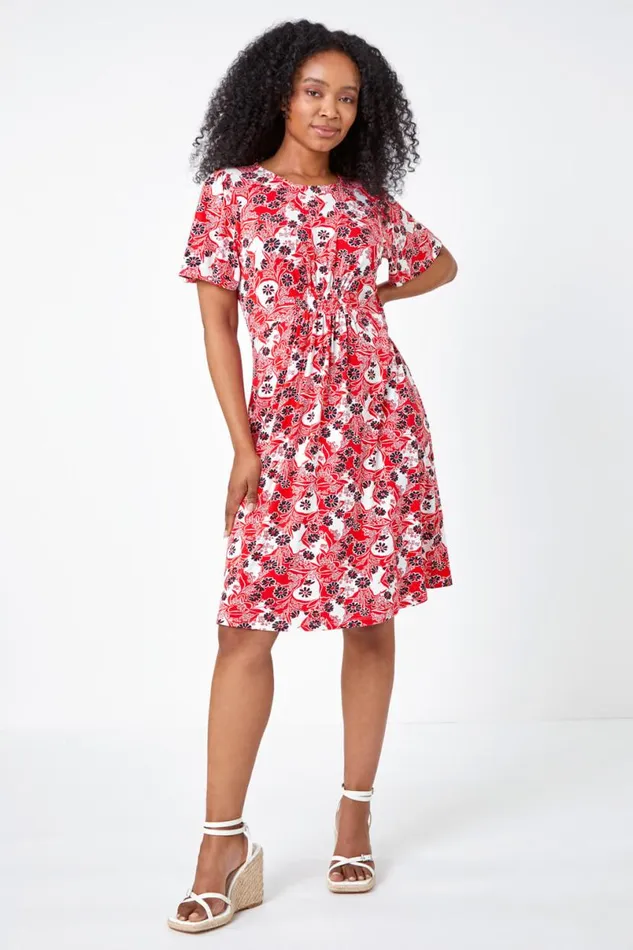 Red Petite Floral Stretch Tea Skater Dress Women Roman Dresses