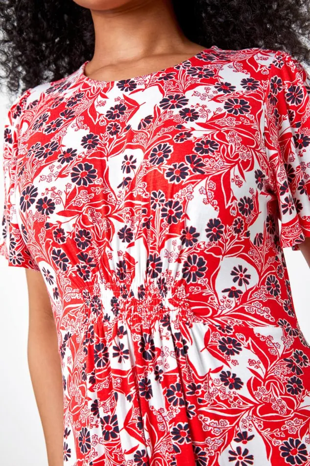 Red Petite Floral Stretch Tea Skater Dress Women Roman Dresses