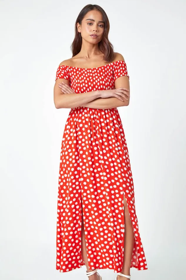 Red Petite Polka Dot Bardot Midi Dress Women Roman Dresses
