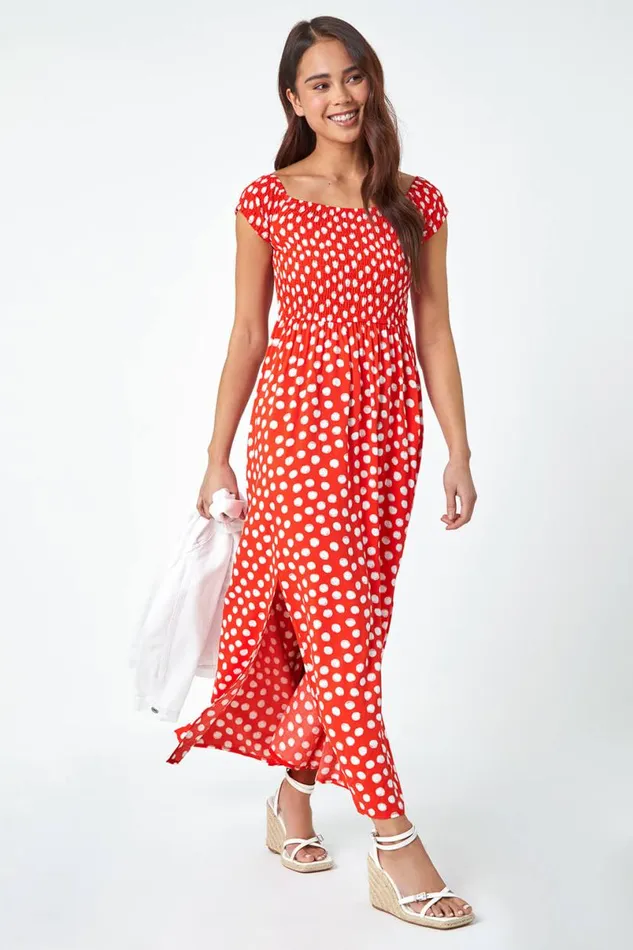 Red Petite Polka Dot Bardot Midi Dress Women Roman Dresses