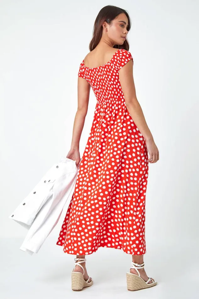 Red Petite Polka Dot Bardot Midi Dress Women Roman Dresses