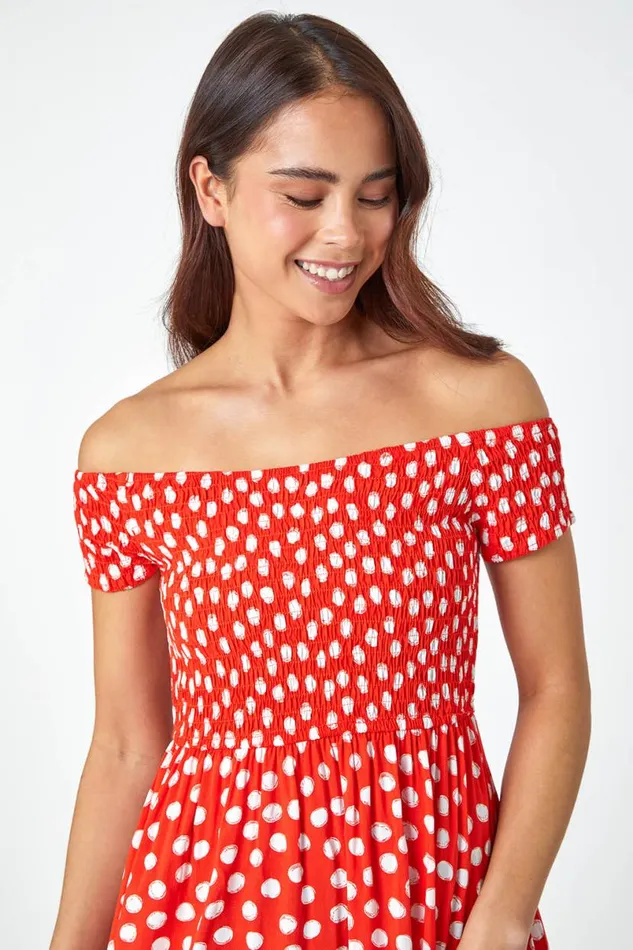 Red Petite Polka Dot Bardot Midi Dress Women Roman Dresses