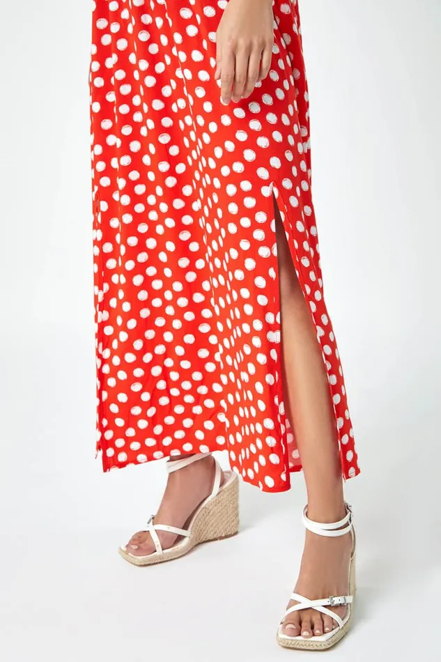 Red Petite Polka Dot Bardot Midi Dress Women Roman Dresses