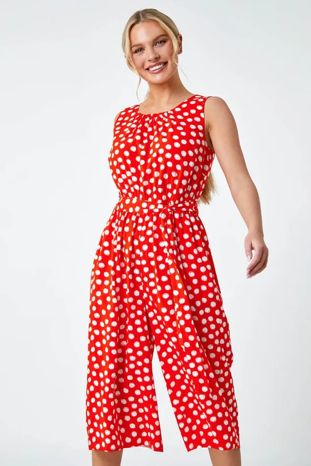Red Petite Polka Dot Cropped Jumpsuit Women Roman Jumpsuits and Playsuits