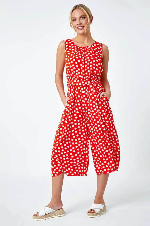 Red Petite Polka Dot Cropped Jumpsuit Women Roman Jumpsuits and Playsuits