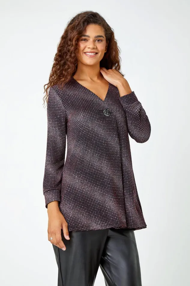 Red Shimmer Stripe Print VNeck Tunic Top Women Roman Tops