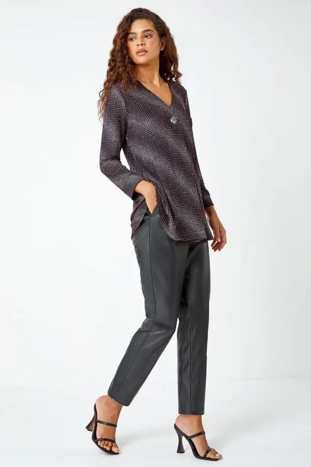 Red Shimmer Stripe Print VNeck Tunic Top Women Roman Tops