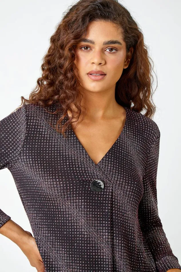 Red Shimmer Stripe Print VNeck Tunic Top Women Roman Tops