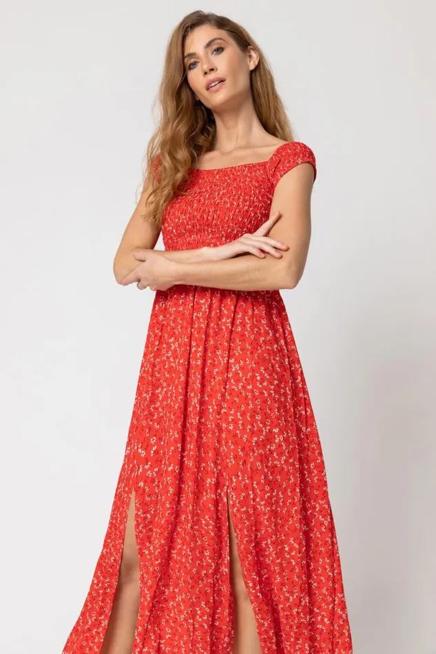 Red Shirred Ditsy Floral Print Bardot Dress Women Roman Dresses