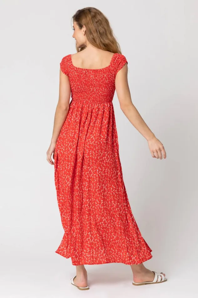 Red Shirred Ditsy Floral Print Bardot Dress Women Roman Dresses