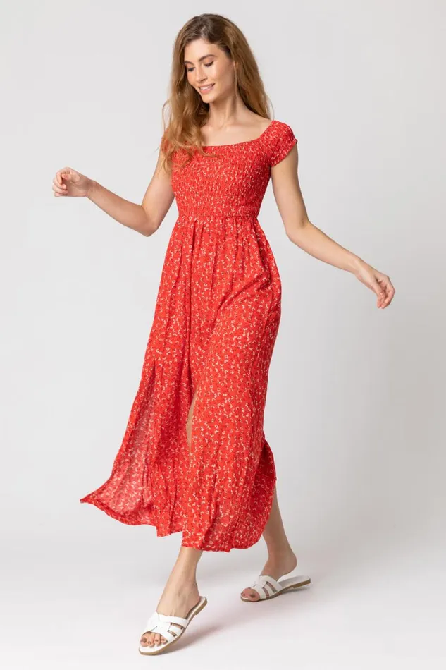 Red Shirred Ditsy Floral Print Bardot Dress Women Roman Dresses
