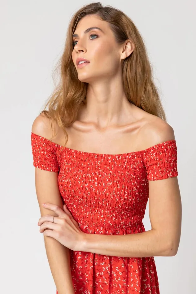 Red Shirred Ditsy Floral Print Bardot Dress Women Roman Dresses