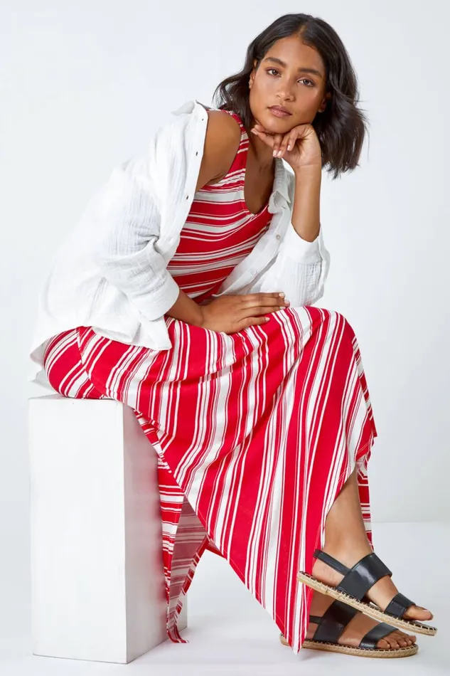 Red Stripe Print Smock Midi Stretch Dress Women Roman Dresses
