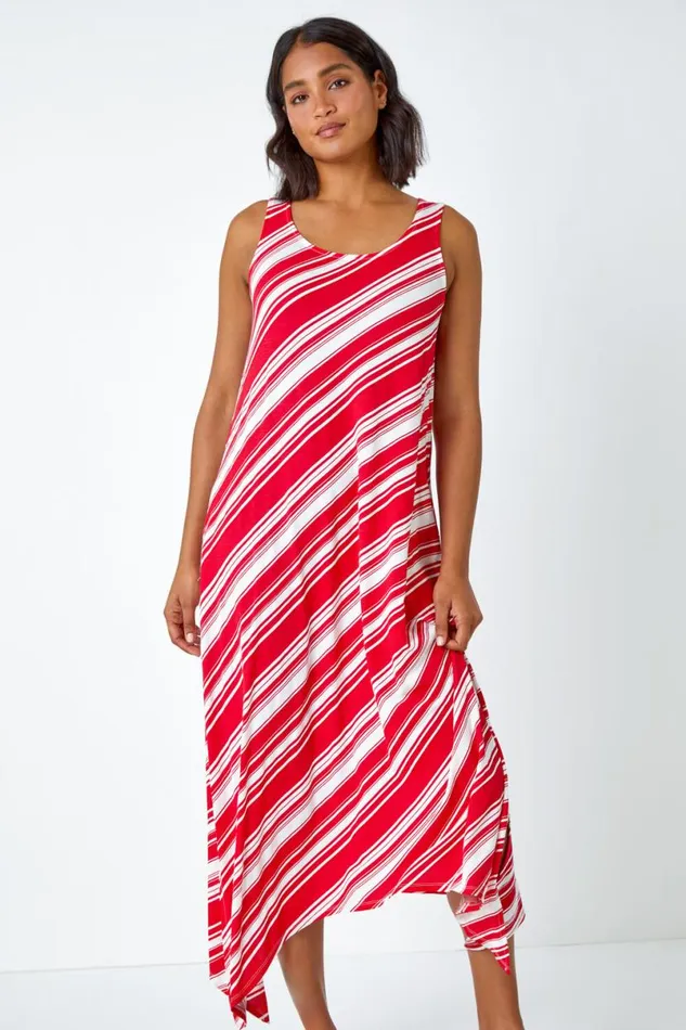 Red Stripe Print Smock Midi Stretch Dress Women Roman Dresses