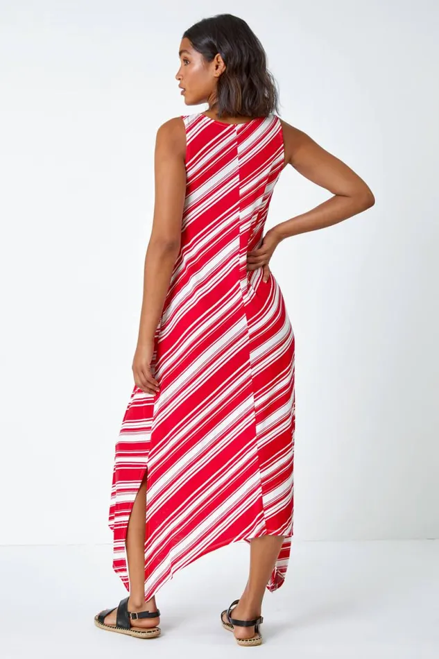 Red Stripe Print Smock Midi Stretch Dress Women Roman Dresses