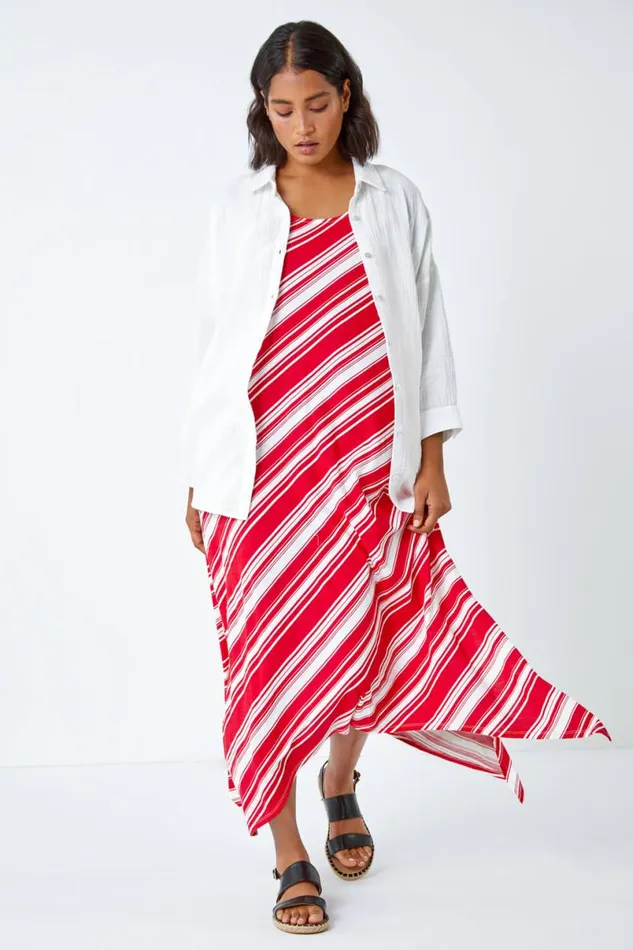 Red Stripe Print Smock Midi Stretch Dress Women Roman Dresses