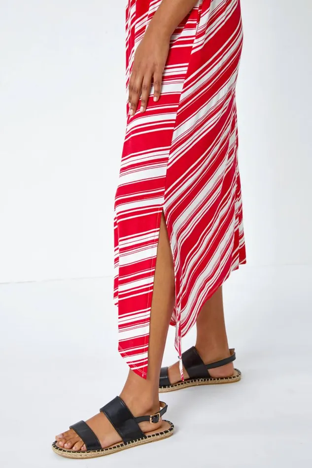 Red Stripe Print Smock Midi Stretch Dress Women Roman Dresses