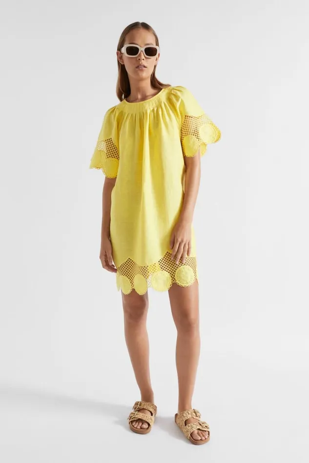 Resort Woman Seed Heritage Embroidered Hem Dress Lemon Drop