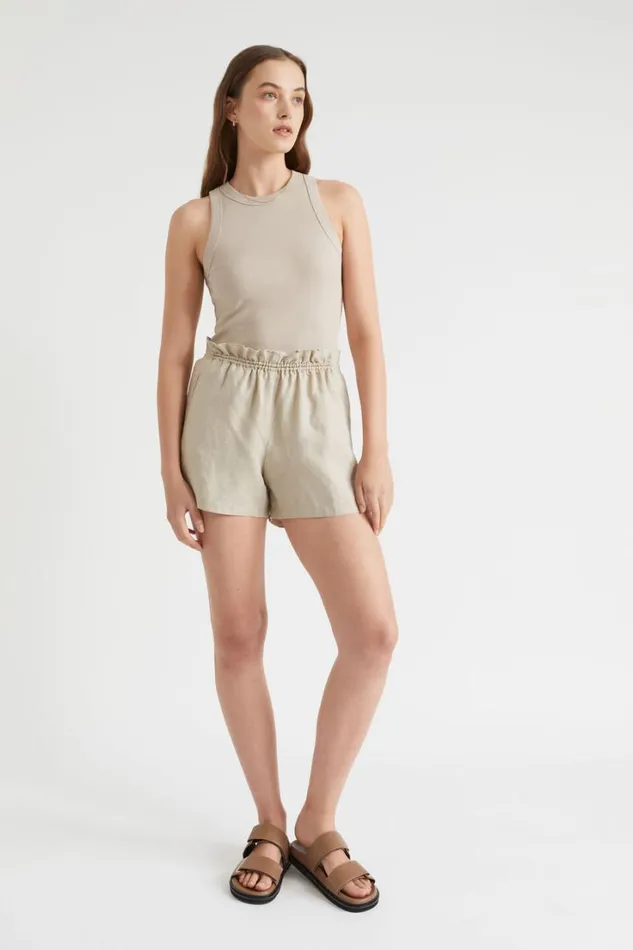 Resort Woman Seed Heritage Linen Shirred Short Soft Mink
