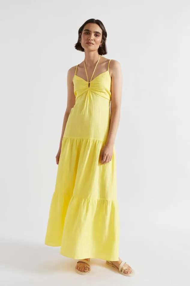 Resort Woman Seed Heritage Linen Tiered Halter Maxi Dress Lemon Drop