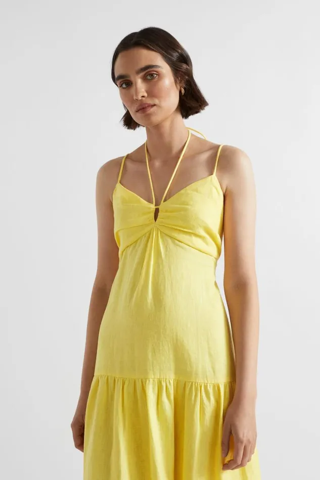 Resort Woman Seed Heritage Linen Tiered Halter Maxi Dress Lemon Drop