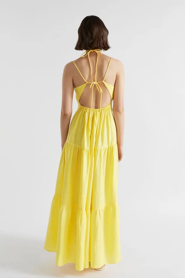 Resort Woman Seed Heritage Linen Tiered Halter Maxi Dress Lemon Drop