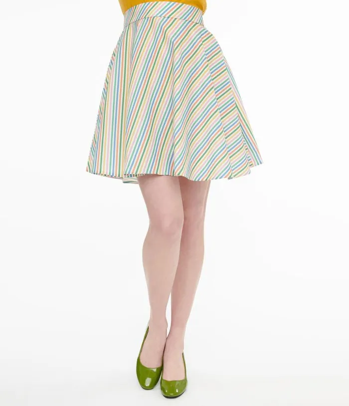 Retrolicious 1950s Rainbow Diagonal Stripe Skater Skirt Clothing Unique Vintage Skirts