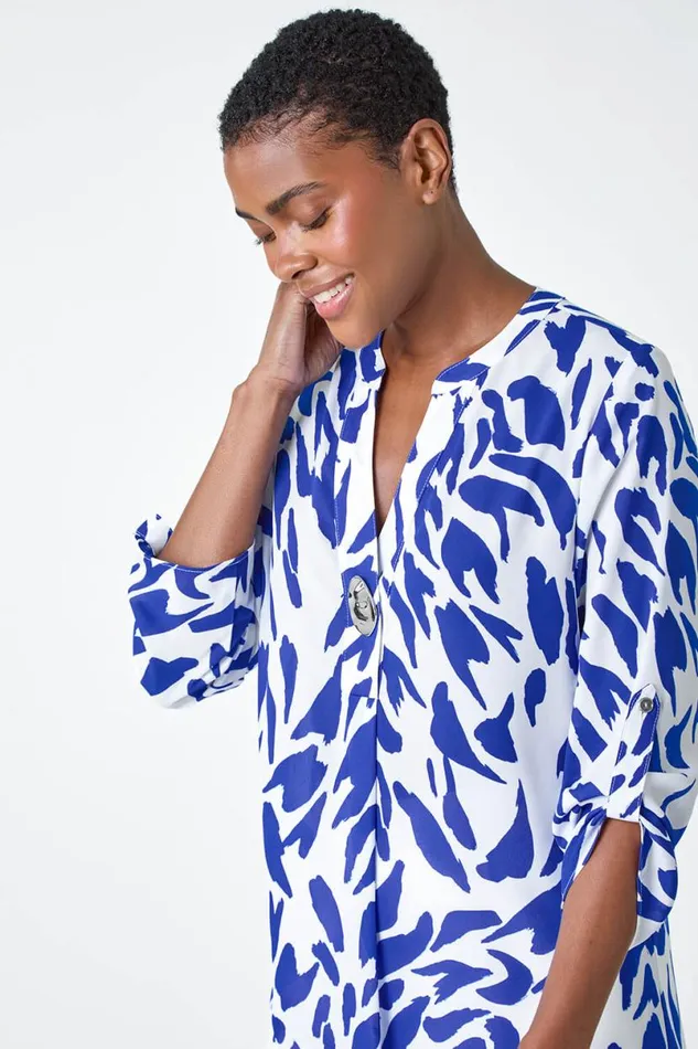 Royal Blue Abstract VNeck Longline Button Detail Top Women Roman Tops