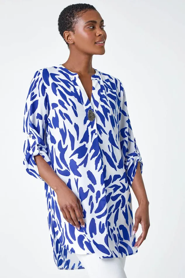 Royal Blue Abstract VNeck Longline Button Detail Top Women Roman Tops